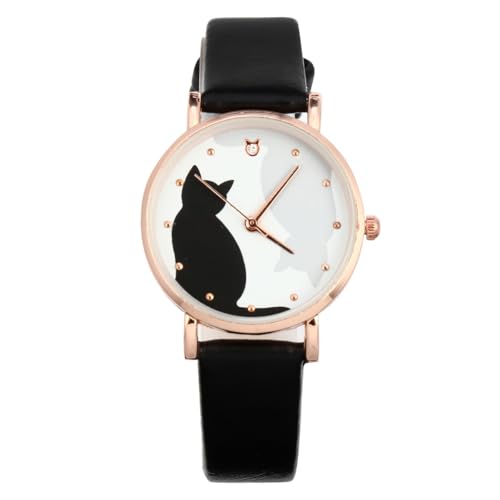 TEHAUX TEHAUX Girls Watch with Leather Strap, Cute Cartoon Cat Pattern Wrist Watch, Easy to Read, Ideal for Girls, Ladies (Black)