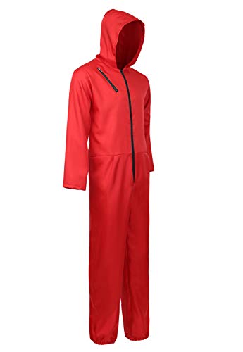 Halloween Costume Mens Red Coverall Long-Sleeve Jumpsuit with Mask Adult Cosplay Costumes L