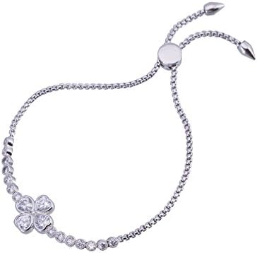 DongStar, Lucky Clover Silver Plated Cubic Zirconia Crystal White Gold Filled Adjustable Bangle Bracelet