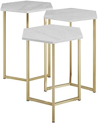 Priya Home Furniture Modern Glam Design Hex Nesting Tables, Set of 3 - Faux White Marble,Gold