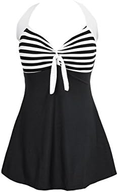 Vintage Halter One Piece Plus Size Cover Ups Swimsuit (XL, Black stripe)
