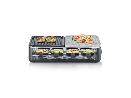 SEVERIN Raclette-Grill für 8 Personen, Naturgrillstein & antihaftbeschichtete-Grillplatte, Tischgrill mit extra tiefen Pfännchen, spülmaschinengeeignet, Black Line, RG 2366