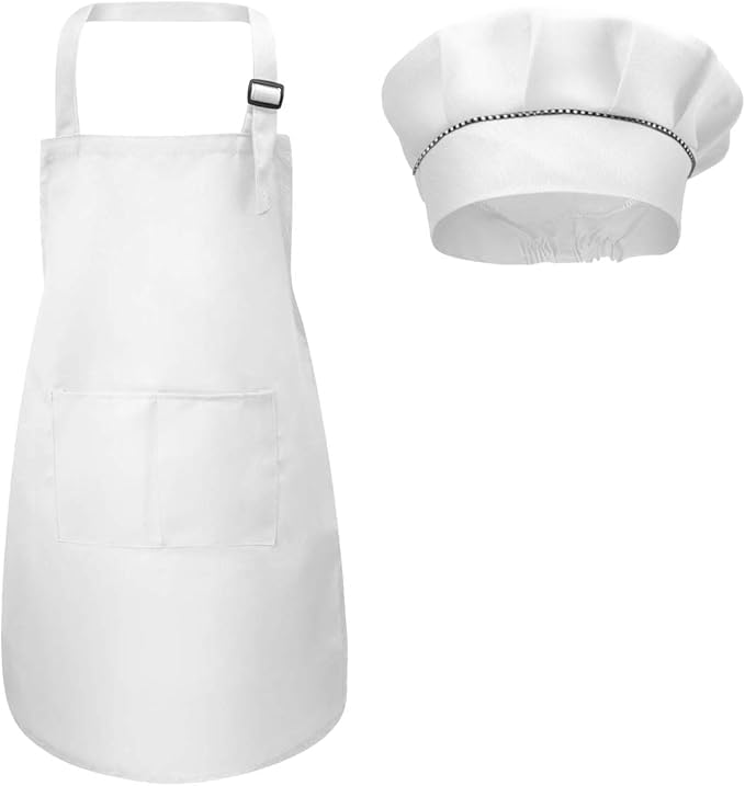 Fodlon Kids Apron and Chef Hat Set, Adjustable Children Kitchen Chef Apron with Pockets for Cooking Baking Painting 4-12 Years Old (White, Large)