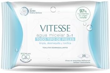 , 3 em 1 Toalhitas Desmaquilhantes Micelar Water para Todos os Tipos de Pele, com Ácido Hialurónico, Limpa e Remove Maquilhagem e Tons à Prova de Água, 25 unidades