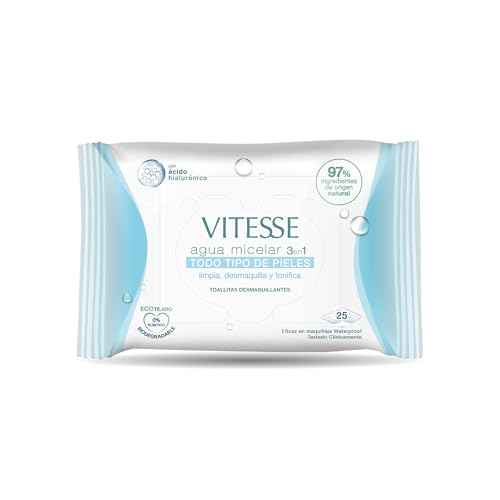 , Toallitas Desmaquillantes con Agua Micelar 3 en 1 para Todo Tipo de Pieles, con Ácido Hialurónico, Limpia, Remueve el Maquillaje Waterproof y Tonifica, 25 unidades