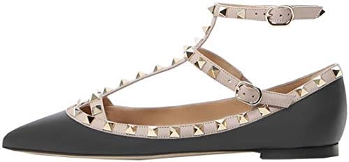 Syneyena Women Pointed Toe Studded Strappy Leather Flats Sandals