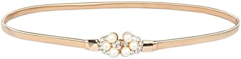 Women Pearls Gold Metal Skinny Stretch Belt for Dress Stylish Waistband Amiveil