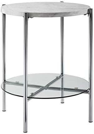 20" White Marble Top Chrome Legs Glass Shelf Round Side Table
