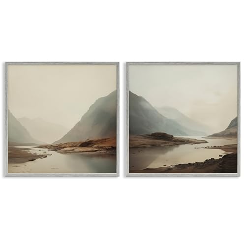 'Fog Shrouded Cliffs & River'| 2pc Framed Giclee Art Set 2