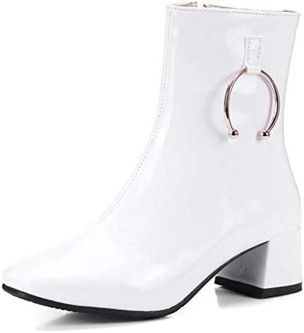 JOYBI Womens Chunky Mid Heels Ankle Boots Zipper Patent Leather Waterproof Square Toe Motorcycle Boots