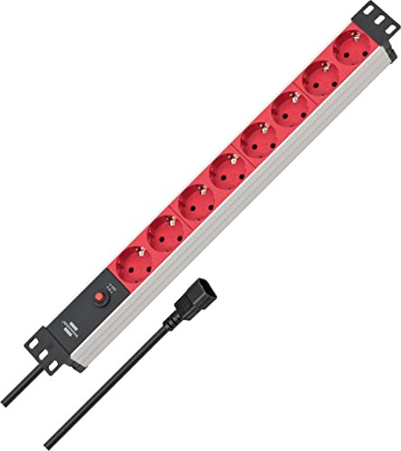 Brennenstuhl Alu-Line 8 Socket Power Strip for 19 Inch Cabinets with Automatic Circuit Breaker 10 A and 2 m Cable Silver/Red