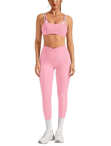 AGYMNX Women's Yoga Sets Compression Color Contrast Sports Bra and Knot Front Butt-lifting Leggings Active Jogger Outfits at Amazon