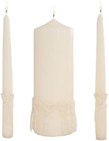 Celebration Candles Wedding Unity 9-Inch Pillar Candle Encircled with Beaded Heart Trim and Matching 10-Inch Taper Candle Set, White