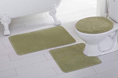 Mk Home 3pc Absorbent Bath Mat Set Solid Sage Green with Bath Rug, Contour Mat and Toilet Seat Lid Cover Non-Slip Rubber Blacking New