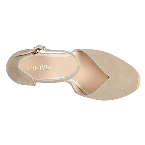 Womens 3" Wedge Sandals Ankle Strap, Cap Toe,Classic Espadrille Heel Shoes (6.5 M US, Beige)