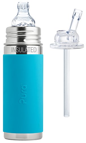 Pura Kiki Stainless Steel 9 Ounce Vacuum Insulated Toddler Sippy Bottle, Aqua, Plus 1 Extra Straw