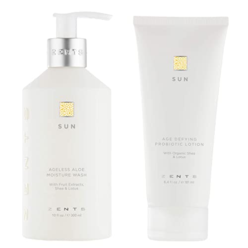 ZENTS Body Wash and Lotion Set (Sun), Aloe Moisture Body Wash, Age Defying Probiotic Lotion to Cleanse, Moisturize and Nourish Dry Skin