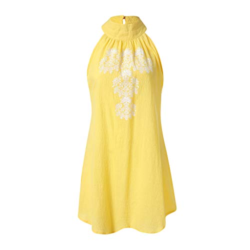Mysky Women Summer Popular Bohemian Sweet Floral Halter Sleeveless Irregular Hem Pure Color Mini Dress Yellow