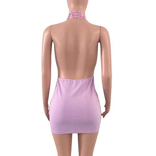 HUAMING-Clearance New Mesh Dresses,Sexy Womens Halter Dress Deep V Party Nightclub Dress Backless Sequins Mini Dress (M, Pink)