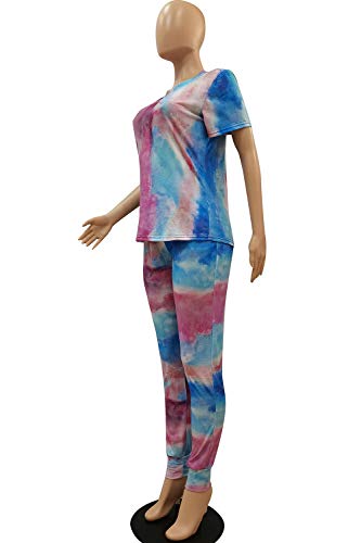 Akmipoem Jogging Suits for Women Casual 2 Piece Tracksuit Outfits Short Sleeve Tops & Bodycon Pants Set, Blue&Purple L