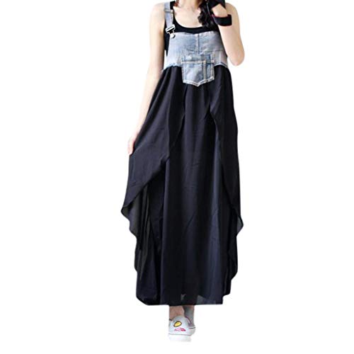 Mysky Women Summer Popular Casual Brief Jeans Splicing Ruffle Hem Pocket Plus Size Strap Dress Black