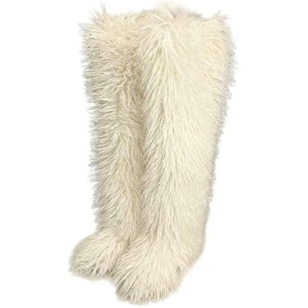 YESBOR Women's Faux Fur Boots Mid-Calf Fuzzy Fluffy