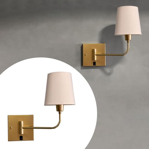 Arandela luminaria de Parede Quadrada Articulável Dourado Com Interruptor aluminio e Cúpula algodão bege