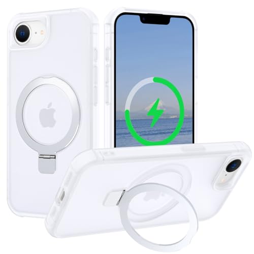 CHAOFEnG Magnetic Compatible with iPhone 16E Case 2025 with Stand [Military Grade Drop Tested][Compatible with Magnet] Ring Translucent Slim Hard Back Soft Edge, White