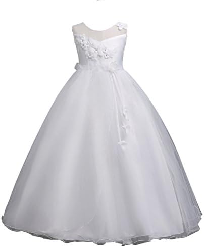 YuanDian Girls Long Wedding Bridesmaid Ceremony Dresses Flowers Net Yarn Sleeveless Children Party Birthday Evening Occasion Christmas Dance Frocks Dresses (5-16 Years Old)