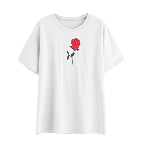 TAORE Women Summer Casual T-Shirt, Embroidery Hole Crew Neck Short Sleeve Shirt Blouse (S, White)