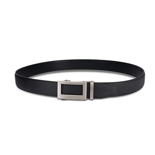 FEFLO Men's Leather Belt, Elegant Black Buckle Ratchet Automatic Closure Leather Without Holes Belt, Width 35 mm, Size Adjustable, Suitable for Suit Jeans