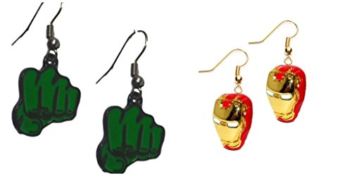 Hulk Green Fist and 3D Ironman Mask Dangle Earrings w/Gift Box