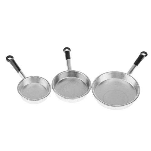 1/12 Scale 3pcs Dollhouse Miniature Metal Frying Pans Cooking Pot Cookware Kitchen Accessory Not Sticky Saucepan Pancake Po,Black