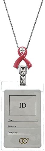 Breast Cancer Pink Ribbon Badge Silver Tone Necklace Lanyard Badge Holder, 30"