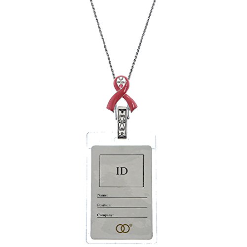 Breast Cancer Pink Ribbon Badge Silver Tone Necklace Lanyard Badge Holder, 30"