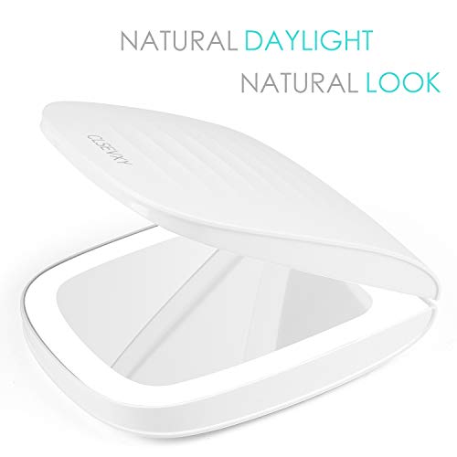 Rechargeable LED Lighted Compact Mirror - 1X/10X MAGNIFYING Travel MakeUp Mirror by CLSEVXY - Adjustable Brightness Control - Perfect for Purses - 4" Wide Illuminated Folding Mirror