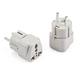 Wonpro Grounded Schuko Travel Plug Adapter Type E/F for Spain, France, Germany, Poland, Russia -CE Certified -2 Pack
