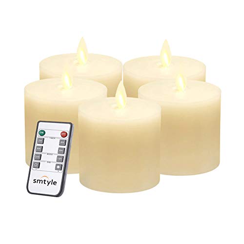 smtyle Christmas Battery Operated Candles 3x3 inch Pillar for Fireplace Candelabra Desk Decor Flickering Led Light with Fake Moving Flame Wick Bright with Remote Control Timer Ivory Flat Top 5