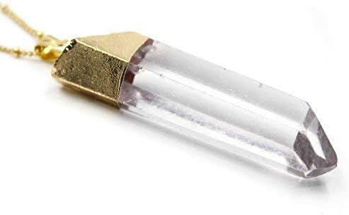 Gold Plated Clear White Quartz Gemstone Pendant on 30" Chain Necklace. Healing Crystal Bohemian Jewellery for Men Women