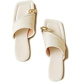 Lymphvity Women's Ring Toe Metal Flat Sandals Summer Slip-on Square Open Toe Non-Slip Beach Flats Slippers