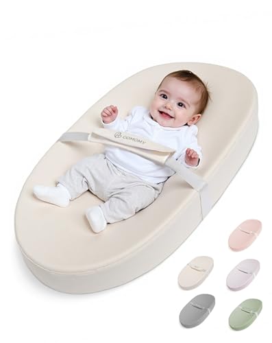 COMOMY Vegan Leather Changing Mat, 80 x 40 cm, Waterproof and Washable, with Safety Belt and Non-Slip Design, Soft Lightweight Changing Pad (Beige)
