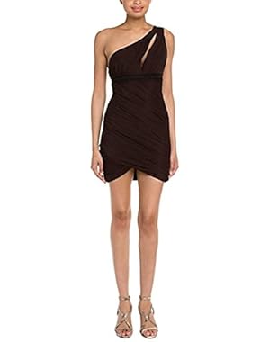 BCBG Chocolate Brown One Shoulder Tulle Ruched Dress