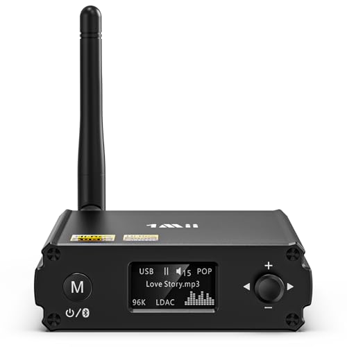 1Mii DS220 Receptor Bluetooth 5.3 con LDAC, Adaptador de Audio Hi-Res, DAC Audiófilo, aptX HD/Baja Latencia, 10m Largo Alcance, con Salida Óptica/RCA, Entrada USB, Modo EQ Pantalla OLED para Estéreo