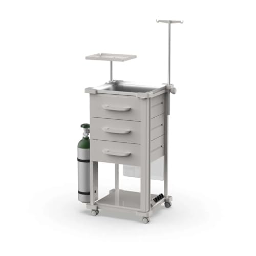 Carrinho de Parada Hospitalar de Emergência Utilitário Auxiliar 3 Gavetas - Tampo Inox com Rodinhas - Com Equipamentos | Clínicas, Hospitais e UTI - MAD.U