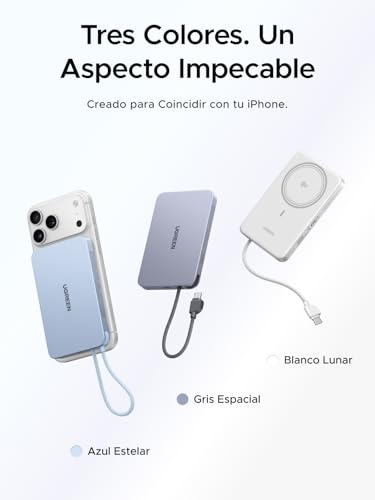 UGREEN MagFlow Air Qi2 15W 10000mAh Power Bank Ultra Delgada Batería Portátil con MagSafe, PD 30W Cable USB-C Integrado, Carga Inalámbrica Magnética Compatible con iPhone 17/16/15/14 Series Negro