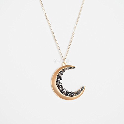 Gold Plated Crescent Moon Encrusted With Simulated Black Diamond Crystals Jewels Long Necklace