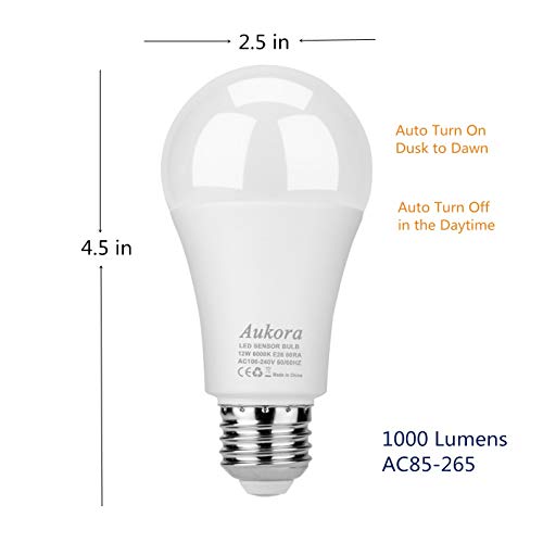 Dusk to Dawn Light Bulb, Aukora Smart Sensor LED Light Bulb, 12W (100-Watt Equivalent), 3000Kelvin, E26 Base Automatic On/Off Led Bulb Outdoor/Indoor for Porch Garage Patio Garden(Warm White, 3 Pack)