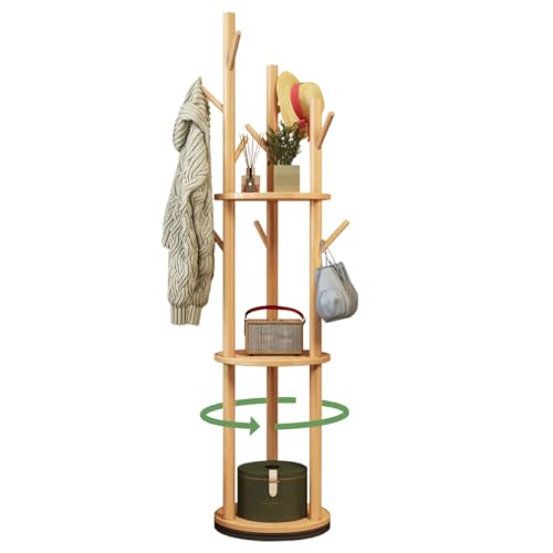 Taotigzu Garderobenständer mit Füßen, drehbar, mit 3 Regalen und 9 Haken, Kleiderständer aus Holz, Eingangsmöbel, ideal für Eingangsbereich, Flur oder Schlafzimmer