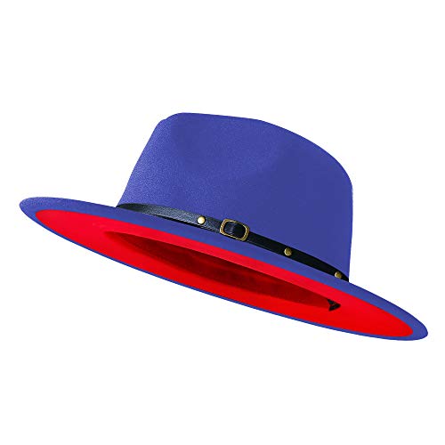 KUJUHA Wide Brim Fedora Two Tone Dress Hat, Blue Red, Large-X