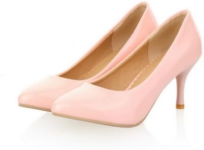 Vogue009 Womens Closed Round Toe Kitten Heel Patent Leather PU Solid Pumps, Pink, 35